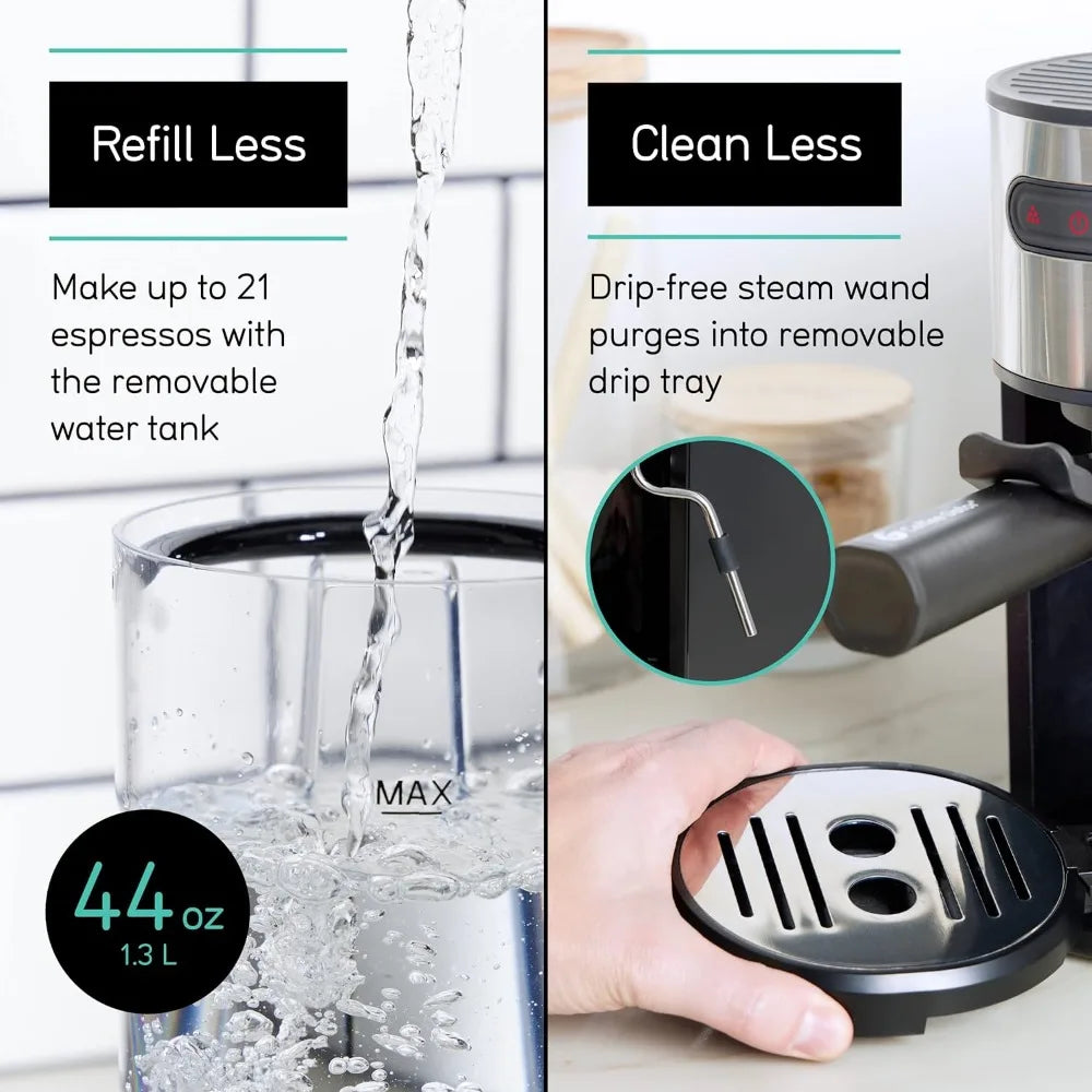 Coffee Espresso Machine, Quick-Brew Espresso Maker with Milk Frother & 1.3 Liter Removable Water Tank
