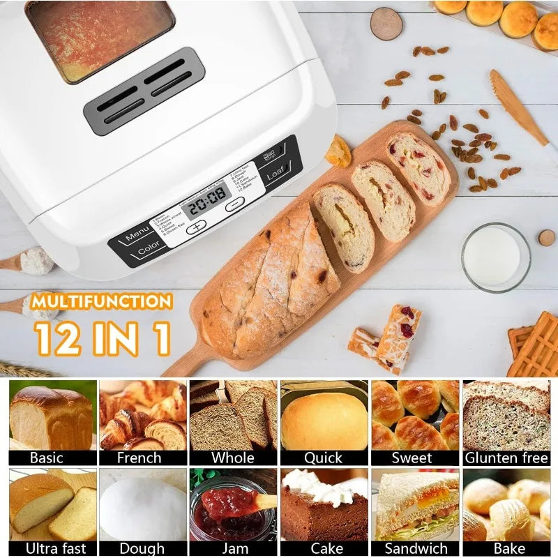 Bread Machine,AUMATE 2LB Bread Maker,with 12 Presets,Gluten-Free Setting,Auto Fruit Nut Dispenser & Nonstick Pan,2 Loaf Sizes