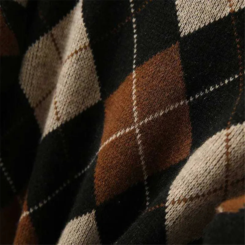 Vintage Sweater Women's Autumn and Winter New Stitching Diamond Plaid Round Neck Pullover Knitted Top Loose Female Clothing 676
