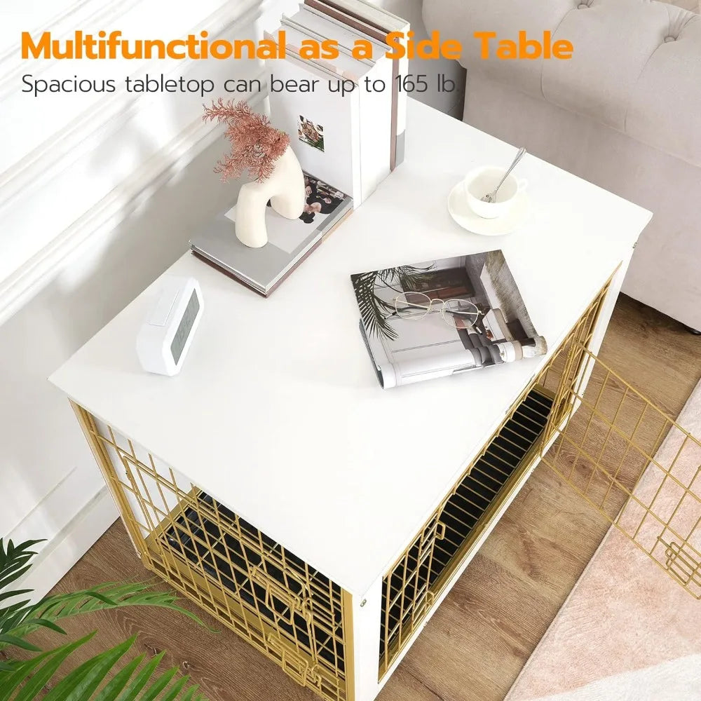 Dog Crate Furniture, Large Dog Kennel, Double Door Modern Side End Table for Medium/Large Dog 38.6”L X 25.6”W X 26.9”H White