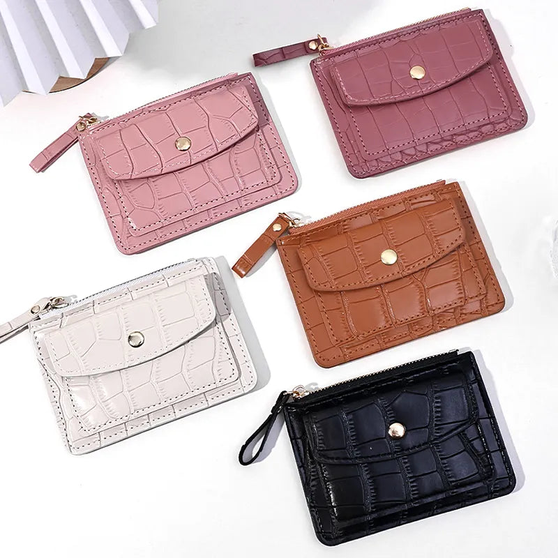 Women Short Hand-held Wallet Simple PU Leather Multi-Slot Zipper Keychain Small Card Bag Holder Crocodile Pattern Coin Purses