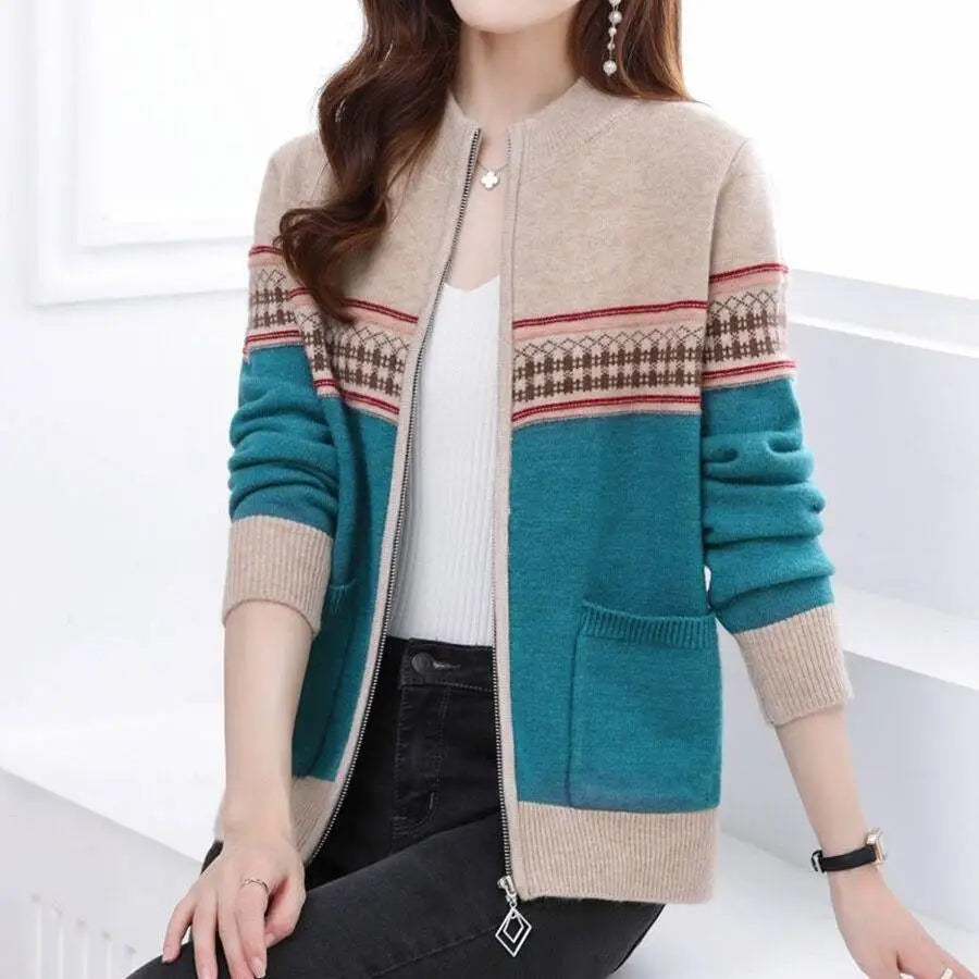 Office Lady Sweaters Simplicity Printing Patchwork Pocket Zipper Casual Fashion Loose Long Sleeve Temperament Women's Clothing