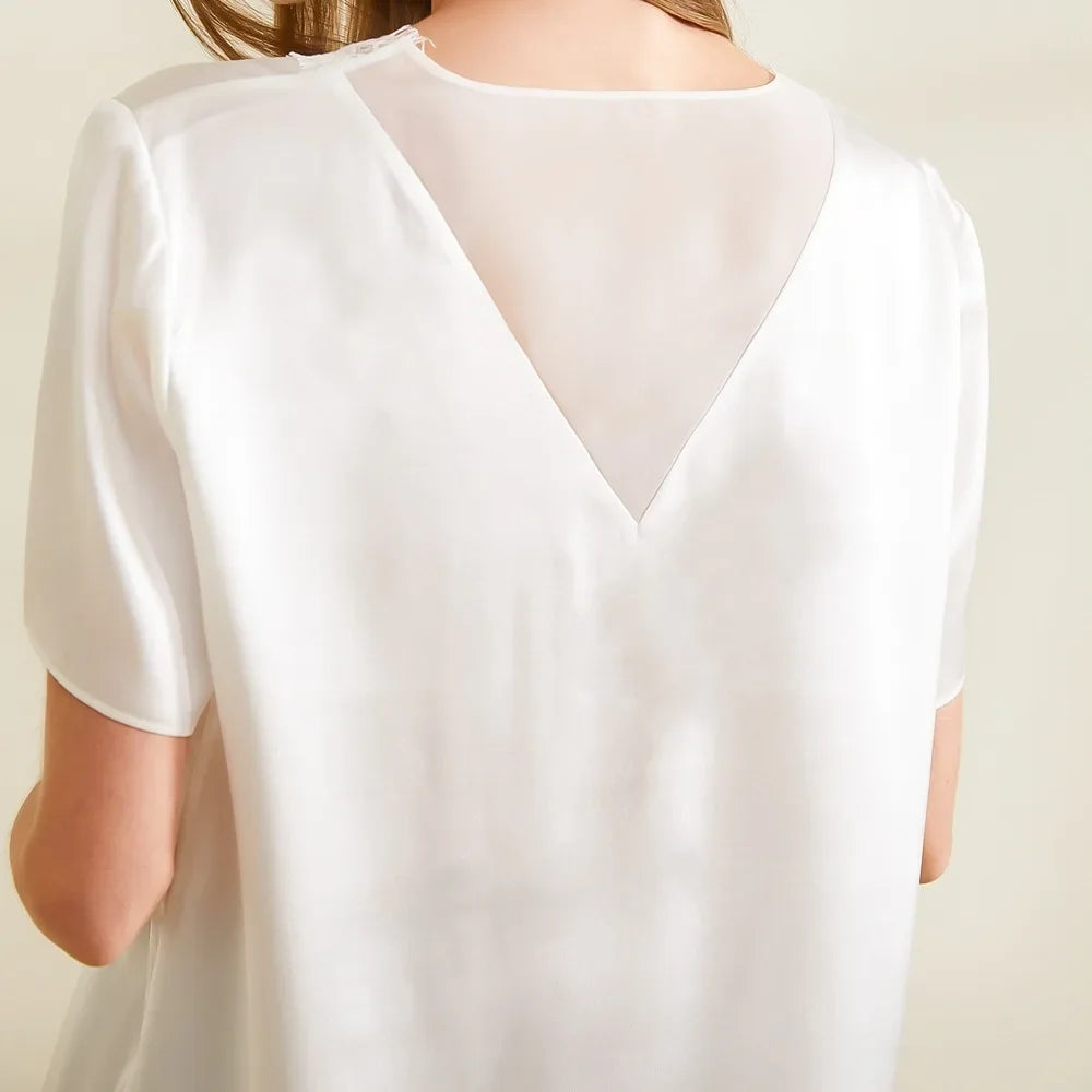 Women's Luxury Loose V-neck Silk Short Sleeve Solid Star String Series Underlay Silk T-shirt Office Ladies' Clothing