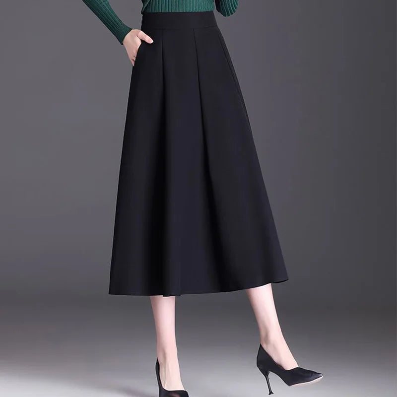 Fashion Loose Spliced Pockets Folds All-match Skirts Women's Clothing 2023 Autumn New Oversized Solid Color Office Lady Skirt