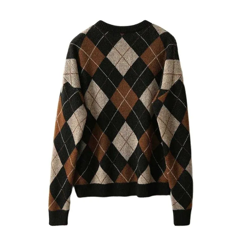 Vintage Sweater Women's Autumn and Winter New Stitching Diamond Plaid Round Neck Pullover Knitted Top Loose Female Clothing 676