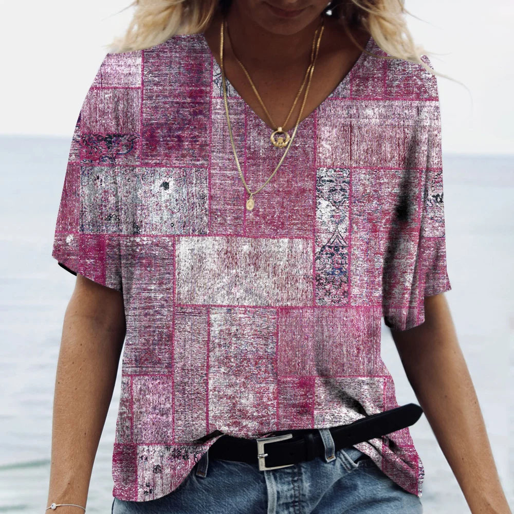 Vintage Plaid Print Women's T-shirt 2023 Hot Blouse Summer V-Neck Casual Short Sleeve Tees Female Oversized Tops Daily Clothing