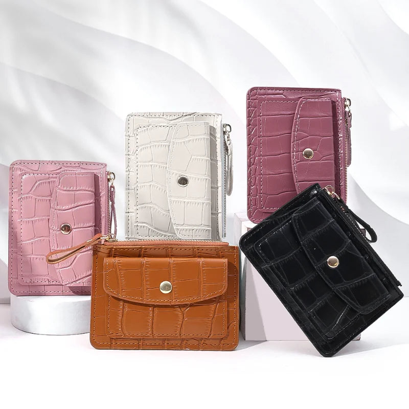 Women Short Hand-held Wallet Simple PU Leather Multi-Slot Zipper Keychain Small Card Bag Holder Crocodile Pattern Coin Purses