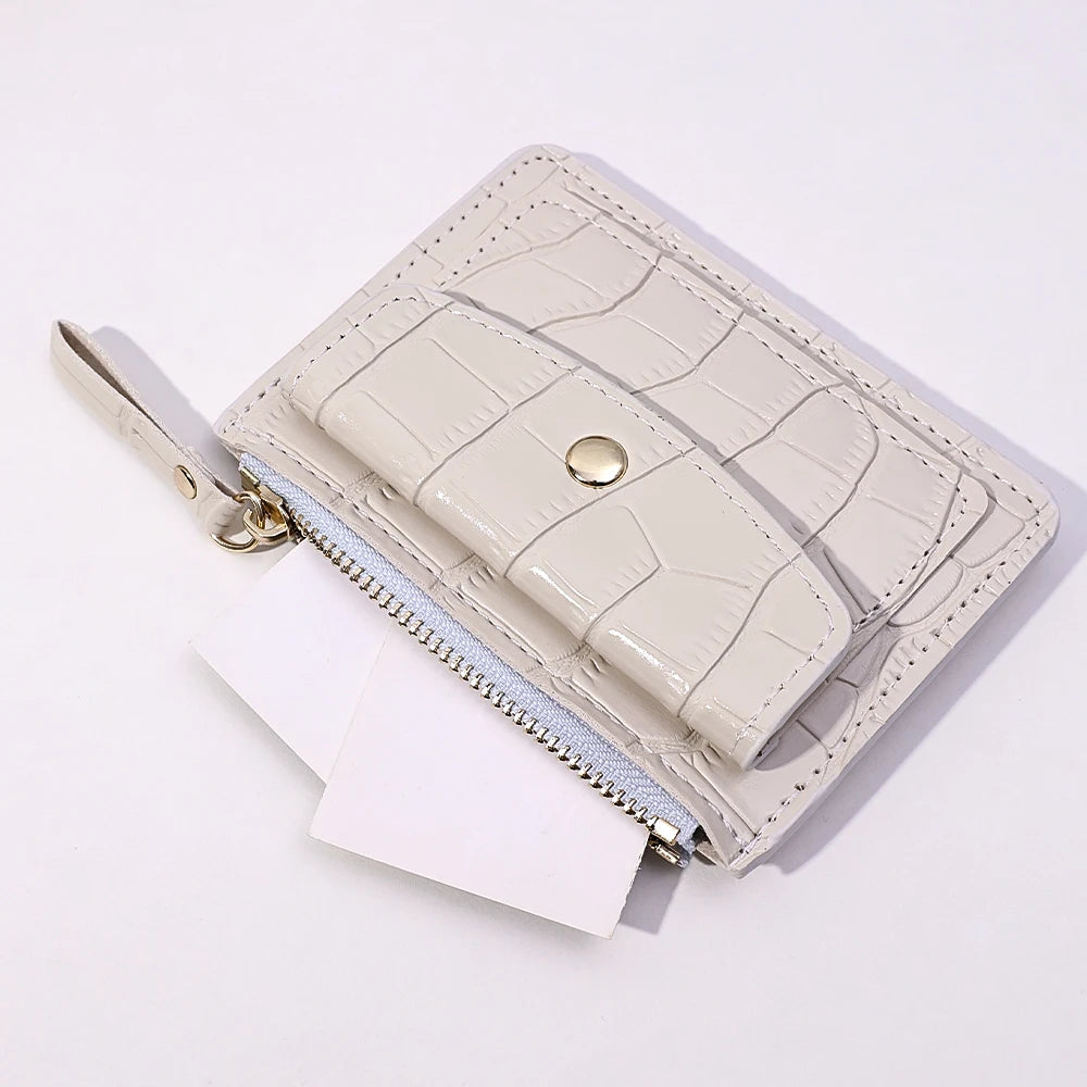 Women Short Hand-held Wallet Simple PU Leather Multi-Slot Zipper Keychain Small Card Bag Holder Crocodile Pattern Coin Purses