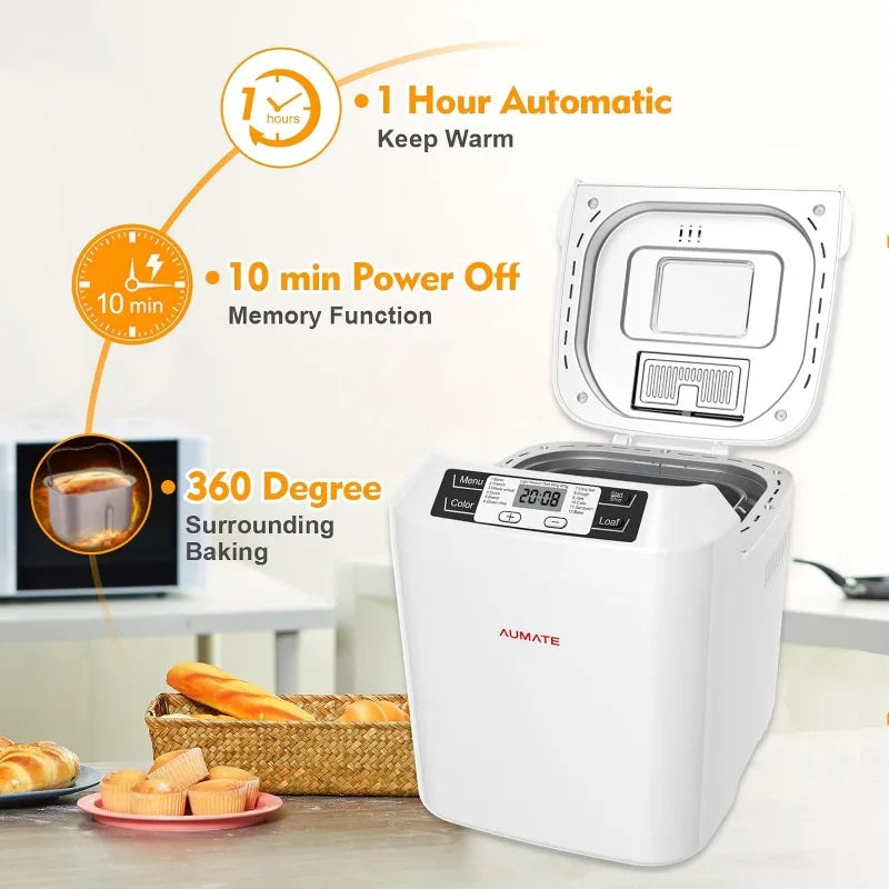 Bread Machine,AUMATE 2LB Bread Maker,with 12 Presets,Gluten-Free Setting,Auto Fruit Nut Dispenser & Nonstick Pan,2 Loaf Sizes
