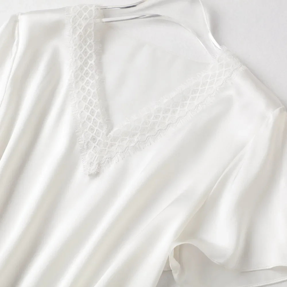 Women's Luxury Loose V-neck Silk Short Sleeve Solid Star String Series Underlay Silk T-shirt Office Ladies' Clothing