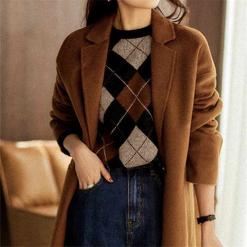 Vintage Sweater Women's Autumn and Winter New Stitching Diamond Plaid Round Neck Pullover Knitted Top Loose Female Clothing 676
