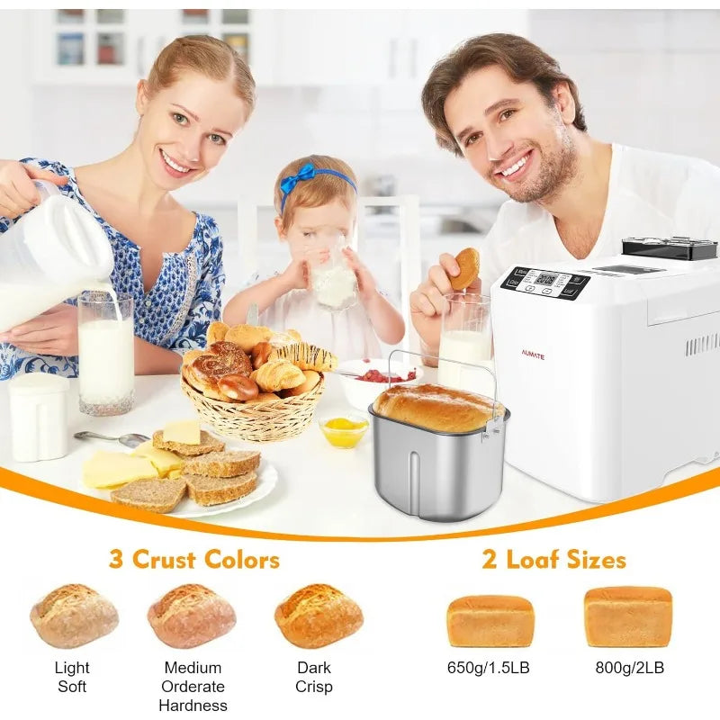 Bread Machine,AUMATE 2LB Bread Maker,with 12 Presets,Gluten-Free Setting,Auto Fruit Nut Dispenser & Nonstick Pan,2 Loaf Sizes