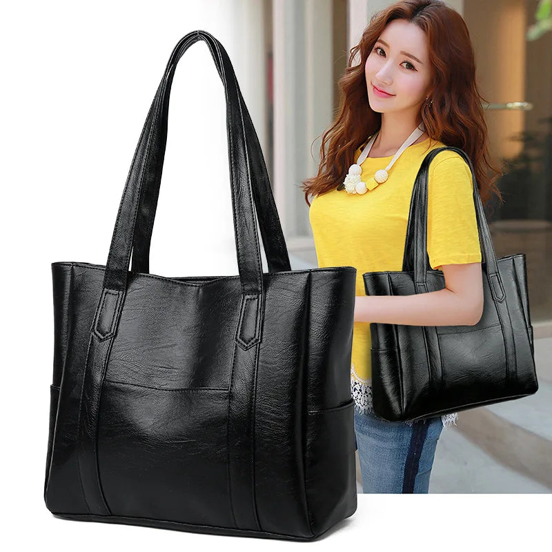 TRAVEASY 2023 Casual PU Leather Large Capacity Top Hand Bags for Women Fashion Zipper Solid Color Vintage Ladies Tote Bag