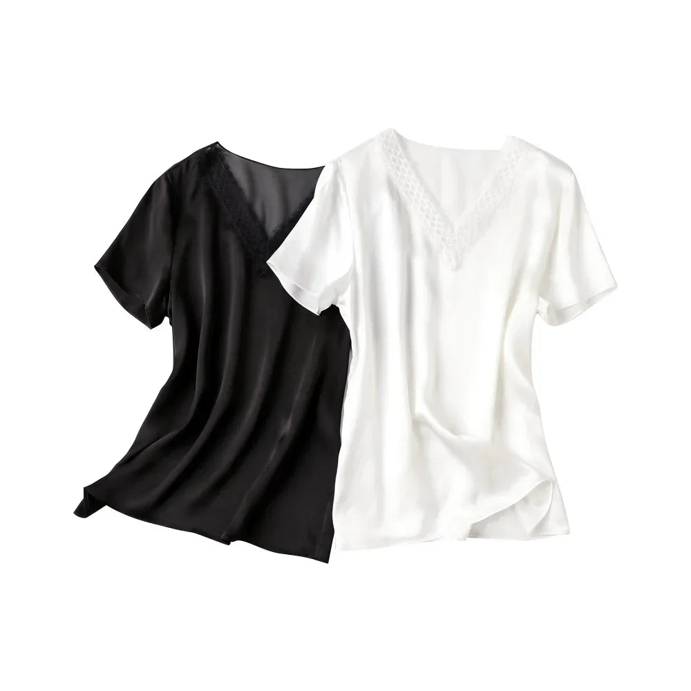 Women's Luxury Loose V-neck Silk Short Sleeve Solid Star String Series Underlay Silk T-shirt Office Ladies' Clothing
