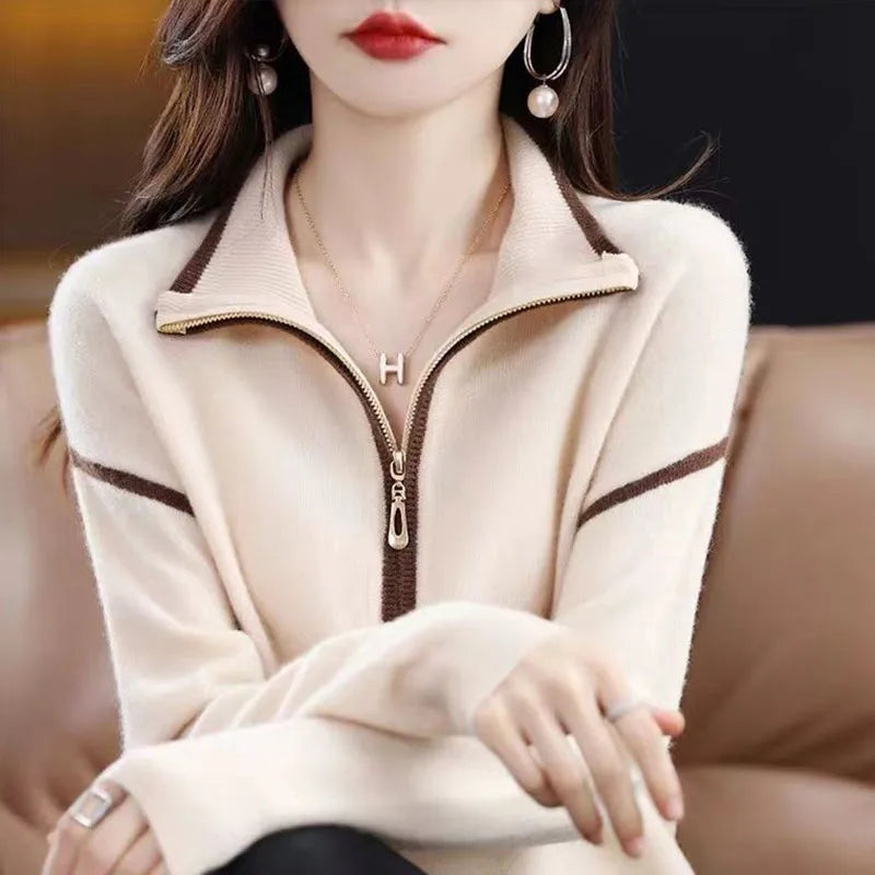 Streetwear Fashion Zipper Mock Neck Knitted Sweaters Spring Autumn Women's Clothing All-match Long Sleeve Loose Casual Pullovers