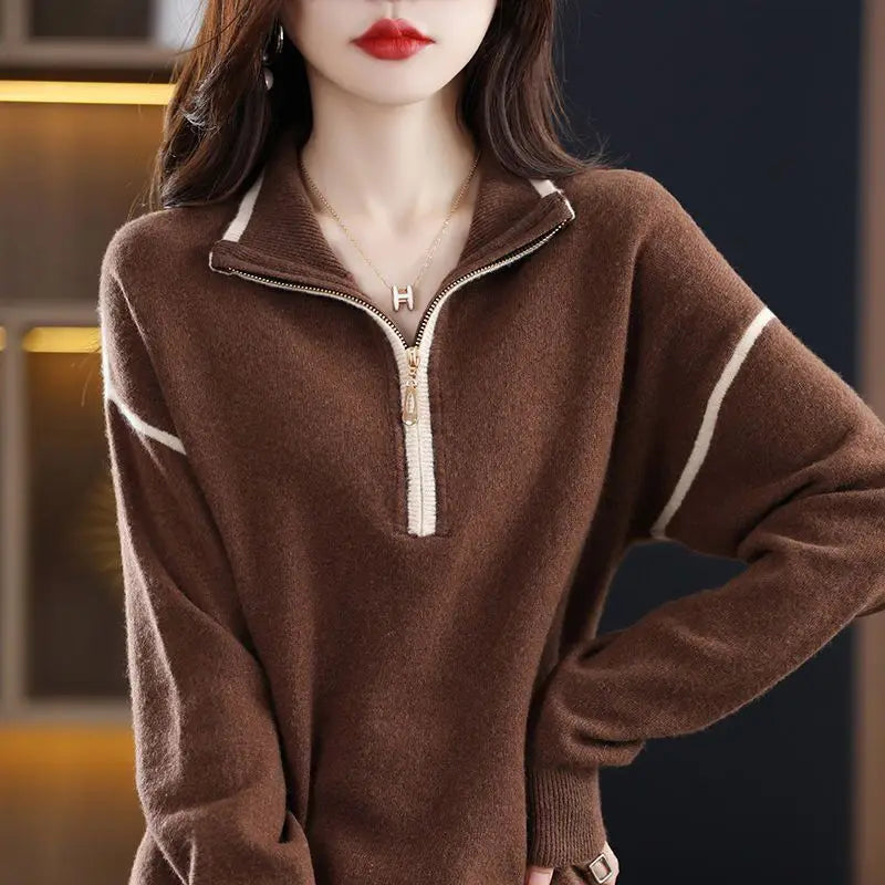 Streetwear Fashion Zipper Mock Neck Knitted Sweaters Spring Autumn Women's Clothing All-match Long Sleeve Loose Casual Pullovers
