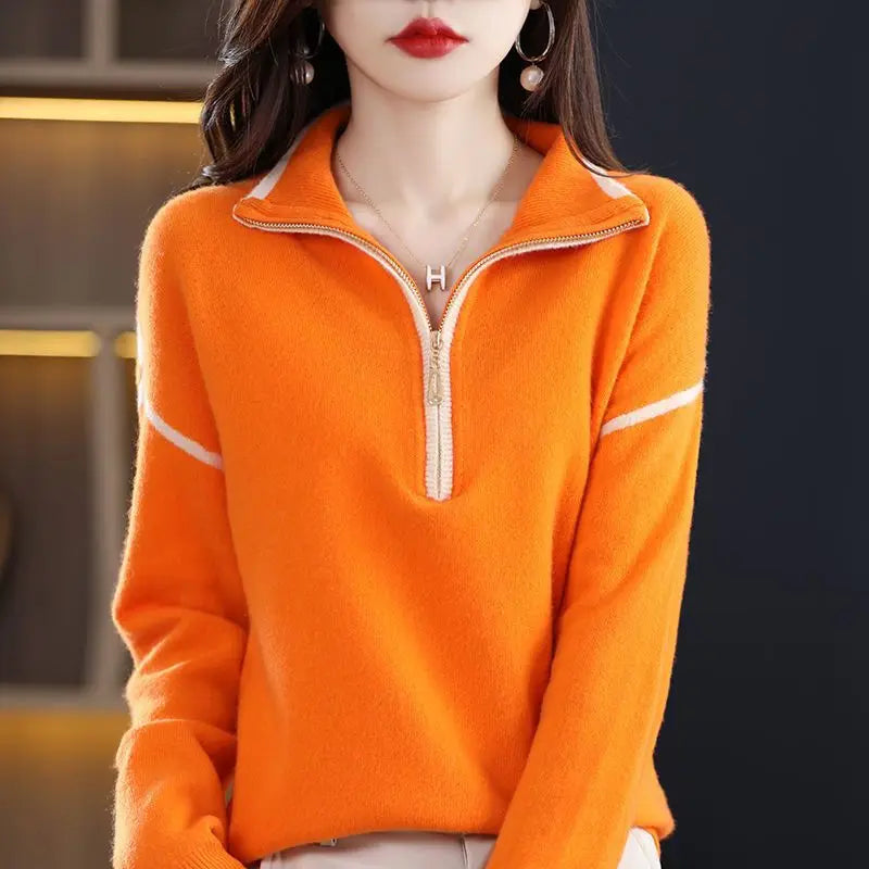 Streetwear Fashion Zipper Mock Neck Knitted Sweaters Spring Autumn Women's Clothing All-match Long Sleeve Loose Casual Pullovers