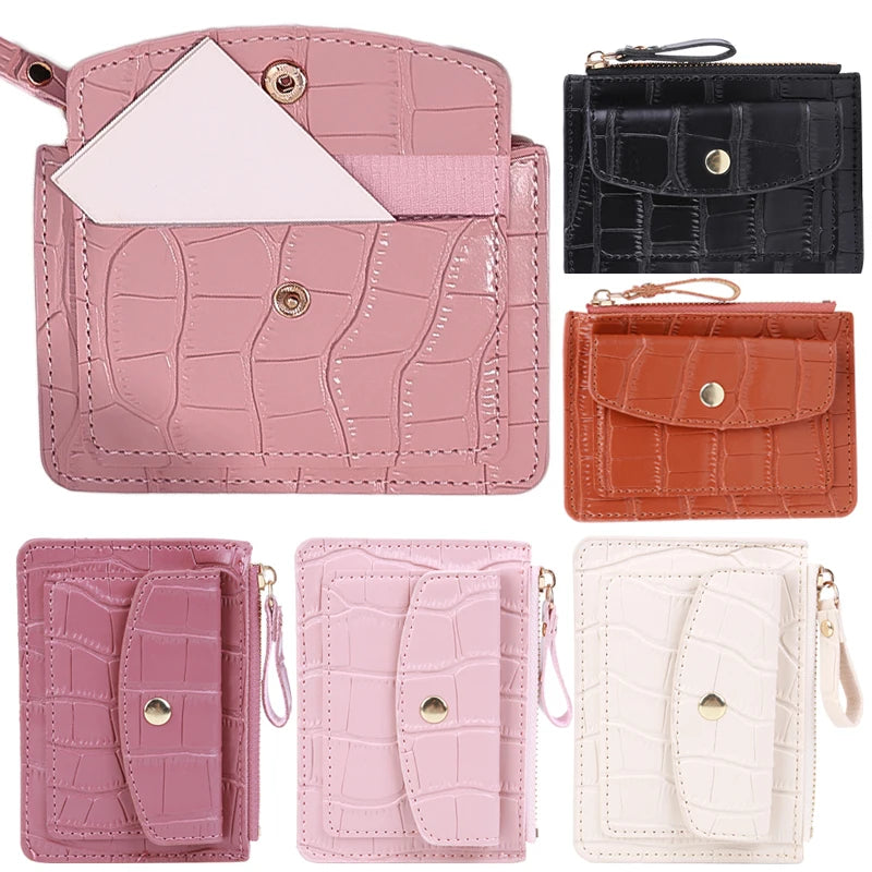 Women Short Hand-held Wallet Simple PU Leather Multi-Slot Zipper Keychain Small Card Bag Holder Crocodile Pattern Coin Purses