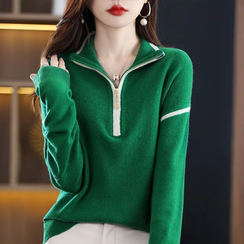 Streetwear Fashion Zipper Mock Neck Knitted Sweaters Spring Autumn Women's Clothing All-match Long Sleeve Loose Casual Pullovers
